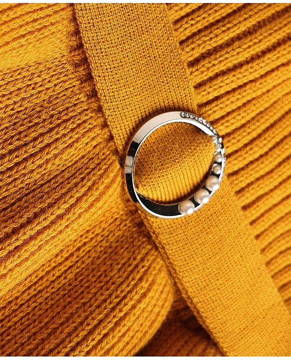 Pine Kids Knit Full Sleeves Solid Colour Sweater Dress with Belt & Cable Knit Design - Mustard