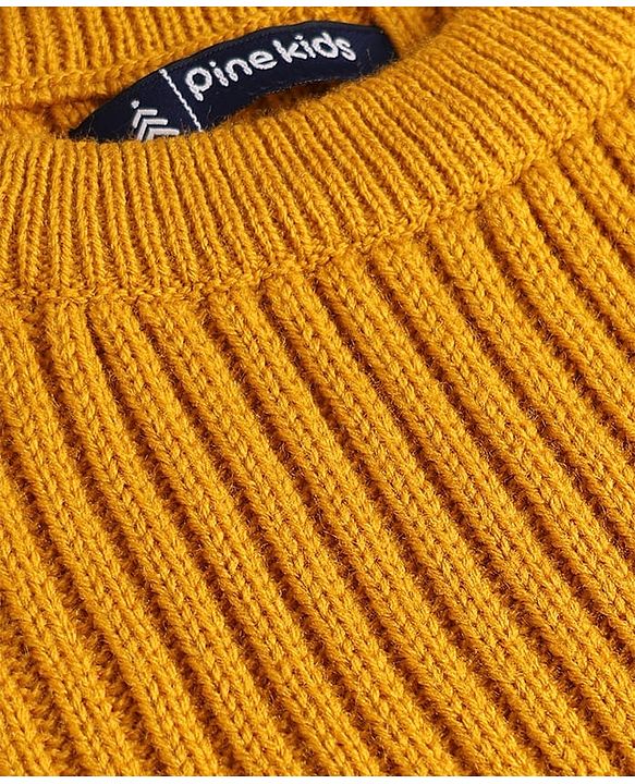 Pine Kids Knit Full Sleeves Solid Colour Sweater Dress with Belt & Cable Knit Design - Mustard