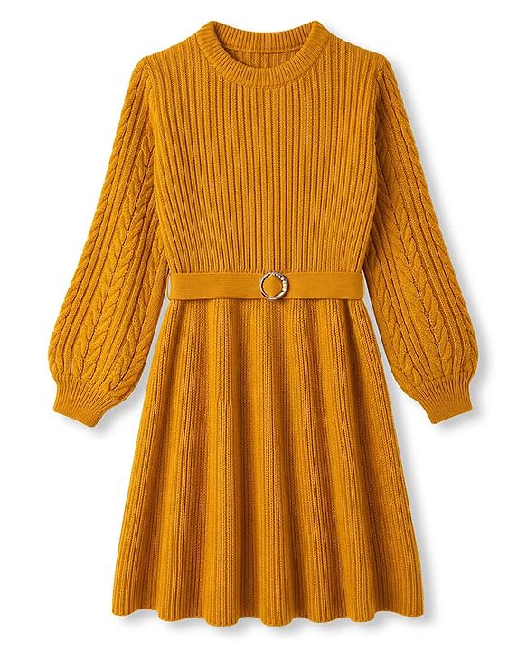 Pine Kids Knit Full Sleeves Solid Colour Sweater Dress with Belt & Cable Knit Design - Mustard