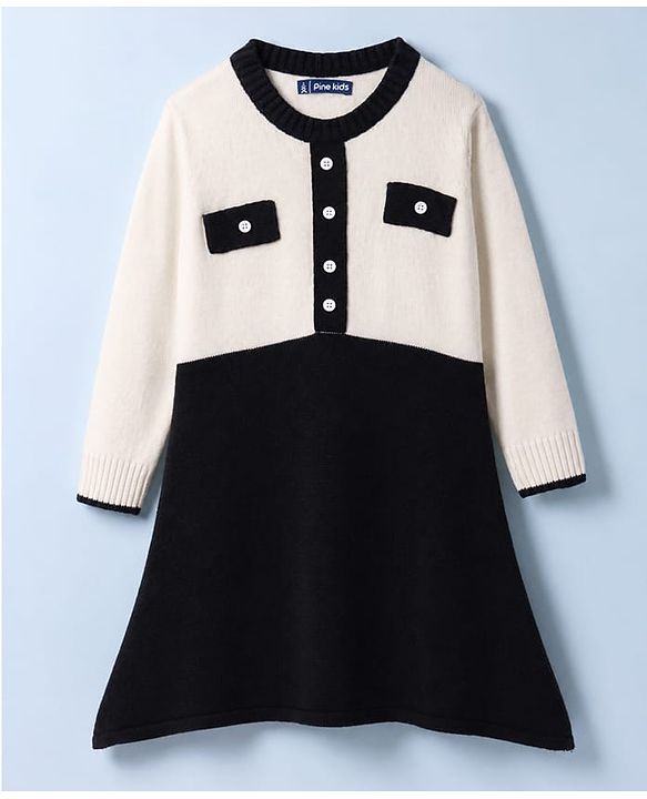Pine Kids Knit Full Sleeves Solid Woollen Dress - Black