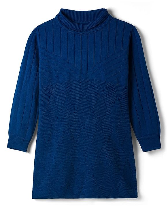 Pine Kids Knitted Full Sleeves Woolen Dress with Abstract Design - Navy Blue