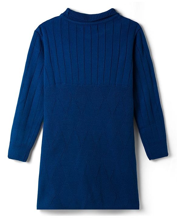 Pine Kids Knitted Full Sleeves Woolen Dress with Abstract Design - Navy Blue