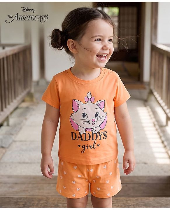 Babyhug Disney Single Jersey Knit Half Sleeves T-Shirt & Shorts Night Suit With Marie Graphics - Orange