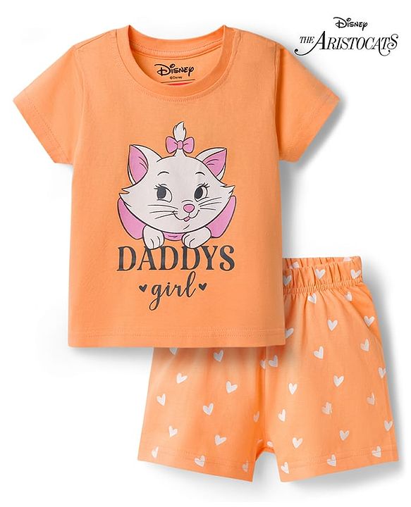 Babyhug Disney Single Jersey Knit Half Sleeves T-Shirt & Shorts Night Suit With Marie Graphics - Orange