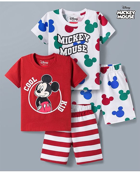 Babyhug Disney Single Jersey Knit Half Sleeves T-Shirt & Shorts Night Suit With Mickey Mouse Graphics Pack of 2 - Multicolor