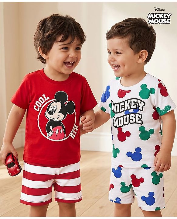 Babyhug Disney Single Jersey Knit Half Sleeves T-Shirt & Shorts Night Suit With Mickey Mouse Graphics Pack of 2 - Multicolor