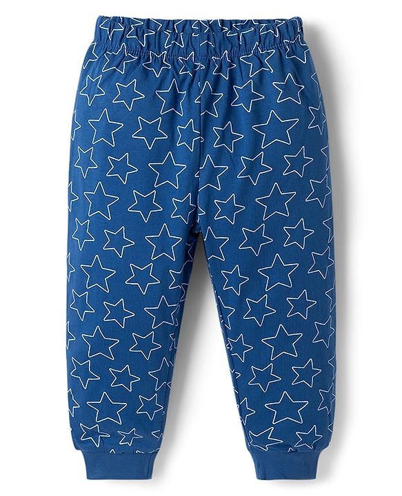 Babyhug Disney Single Jersey Knit Full Sleeves T-Shirt & Pyjama Night Suit With Olaf Graphic & Star Print - Navy Blue