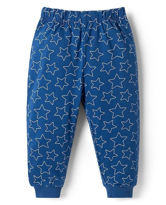 Babyhug Disney Single Jersey Knit Full Sleeves T-Shirt & Pyjama Night Suit With Olaf Graphic & Star Print - Navy Blue