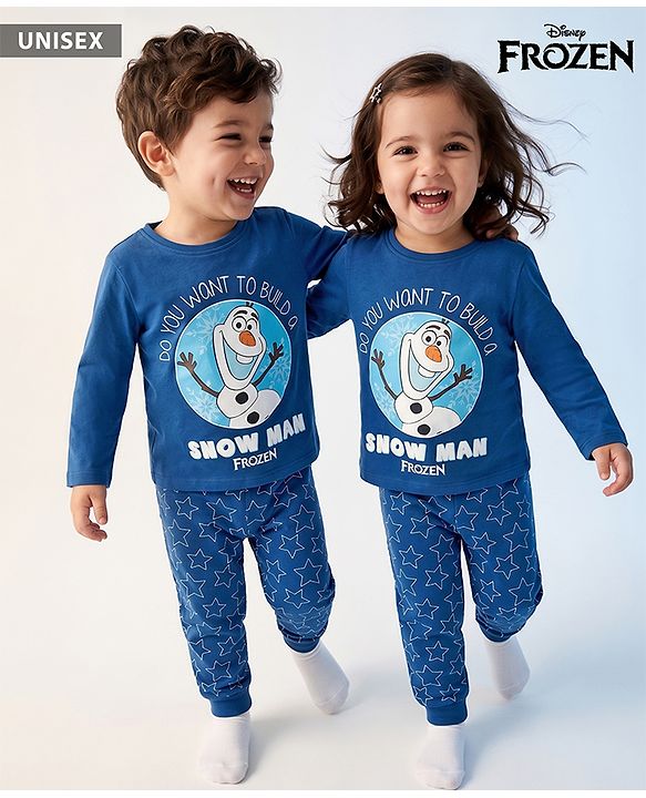 Babyhug Disney Single Jersey Knit Full Sleeves T-Shirt & Pyjama Night Suit With Olaf Graphic & Star Print - Navy Blue