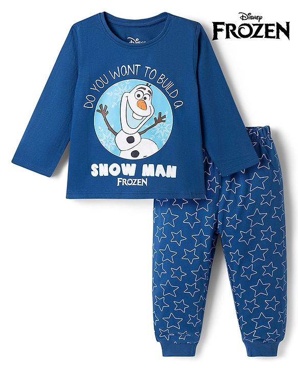Babyhug Disney Single Jersey Knit Full Sleeves T-Shirt & Pyjama Night Suit With Olaf Graphic & Star Print - Navy Blue