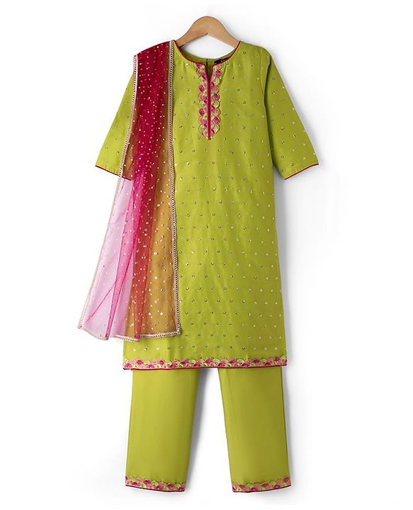 Pine Kids Woven Three Fourth  Sleeves Sequinned & Embroidered Neck Kurti Churidar Set with Dupatta - Light Green