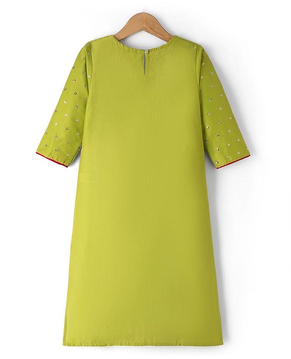 Pine Kids Woven Three Fourth  Sleeves Sequinned & Embroidered Neck Kurti Churidar Set with Dupatta - Light Green