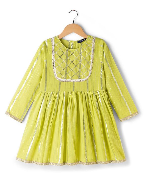 Pine Kids 100% Cotton Woven Full Sleeves Kurta Sharara Set With Dupatta & Lace Detailing  - Light Green