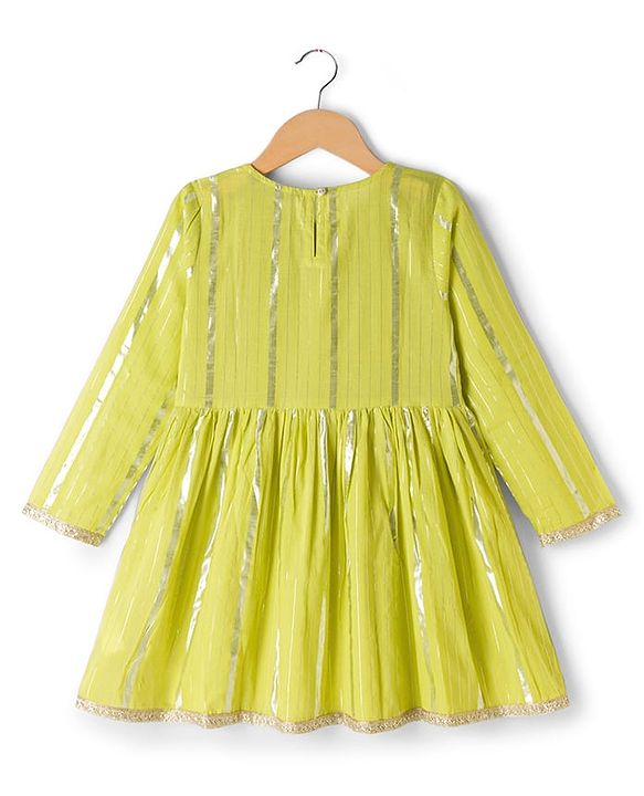 Pine Kids 100% Cotton Woven Full Sleeves Kurta Sharara Set With Dupatta & Lace Detailing  - Light Green