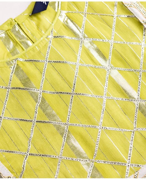 Pine Kids 100% Cotton Woven Full Sleeves Kurta Sharara Set With Dupatta & Lace Detailing  - Light Green