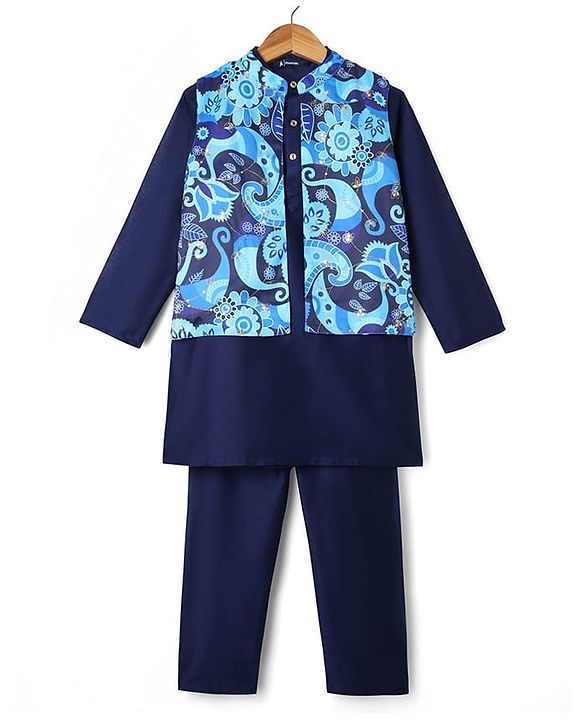 Pine Kids Woven Full Sleeves Floral Printed & Embroidered Kurta & Pyjama Set With Jacket - Navy Blue