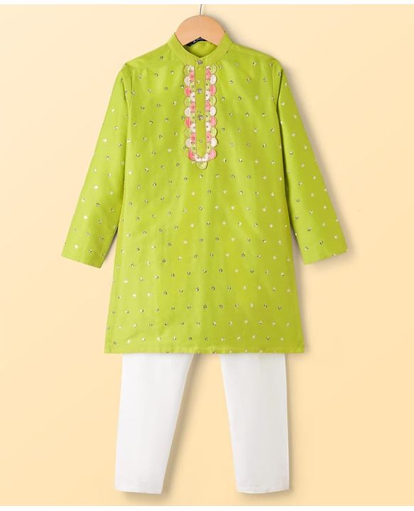 Pine Kids Woven Full Sleeves Sequinned Kurta & Pyjama Set - Lime Green