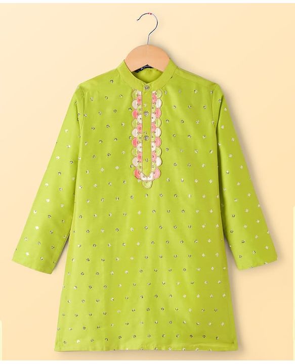 Pine Kids Woven Full Sleeves Sequinned Kurta & Pyjama Set - Lime Green