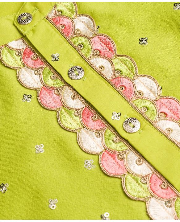 Pine Kids Woven Full Sleeves Sequinned Kurta & Pyjama Set - Lime Green