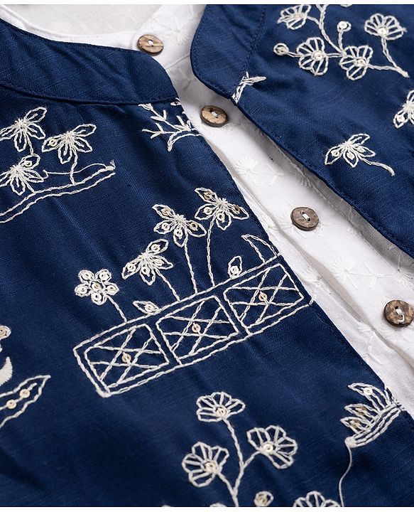 Pine Kids Cotton Woven Full Sleeves Kurta Pajama Set with Floral Embroidered Nehru Jacket - White & Navy