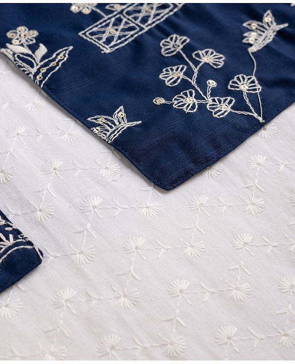 Pine Kids Cotton Woven Full Sleeves Kurta Pajama Set with Floral Embroidered Nehru Jacket - White & Navy