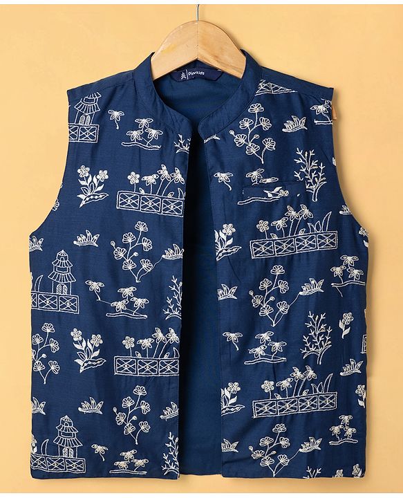 Pine Kids Cotton Woven Full Sleeves Kurta Pajama Set with Floral Embroidered Nehru Jacket - White & Navy