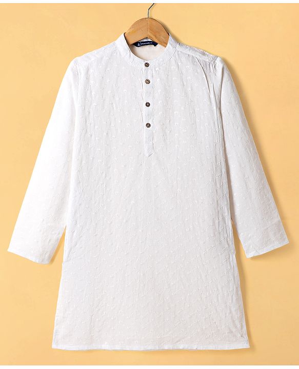 Pine Kids Cotton Woven Full Sleeves Kurta Pajama Set with Floral Embroidered Nehru Jacket - White & Navy