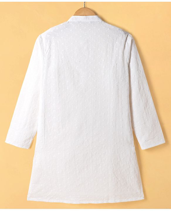 Pine Kids Cotton Woven Full Sleeves Kurta Pajama Set with Floral Embroidered Nehru Jacket - White & Navy