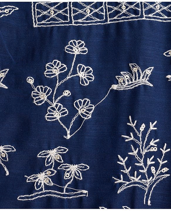 Pine Kids Cotton Woven Full Sleeves Kurta Pajama Set with Floral Embroidered Nehru Jacket - White & Navy