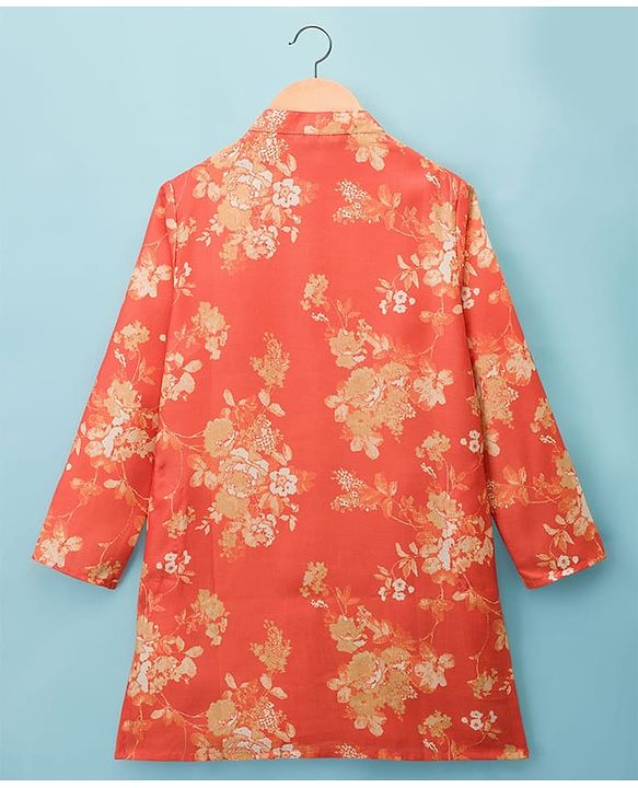 Pine Kids Cotton Woven Full Sleeves Floral Printed Kurta Pajama Set - Orange