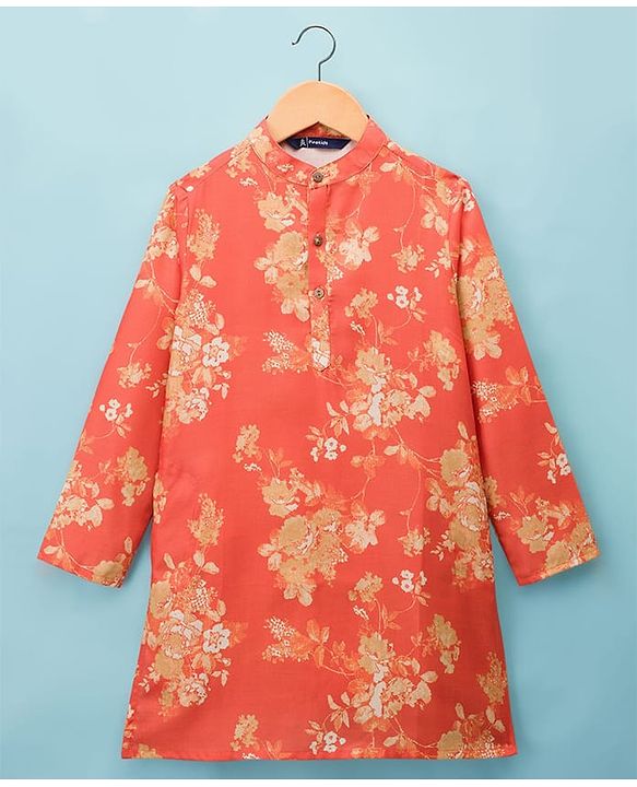 Pine Kids Cotton Woven Full Sleeves Floral Printed Kurta Pajama Set - Orange