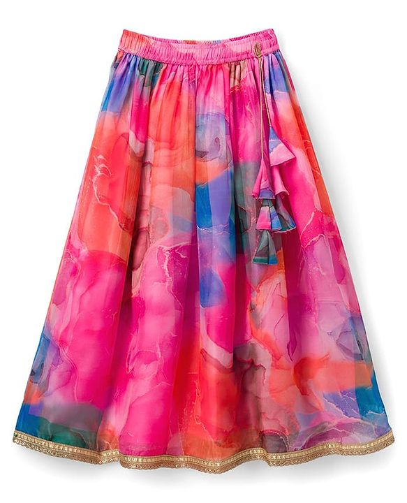 Pine Kids Woven Sleeveless Floral Sequinned & Embroidered  Choli & Lehenga Set With Dupatta - Pink