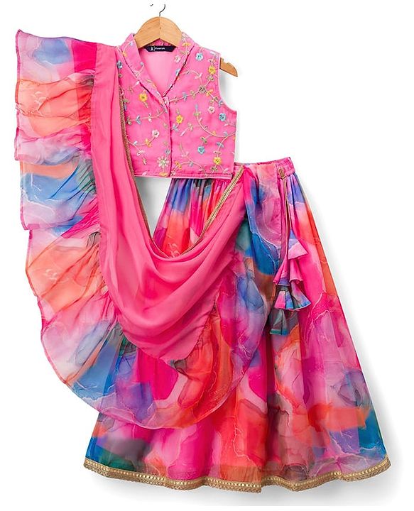 Pine Kids Woven Sleeveless Floral Sequinned & Embroidered  Choli & Lehenga Set With Dupatta - Pink