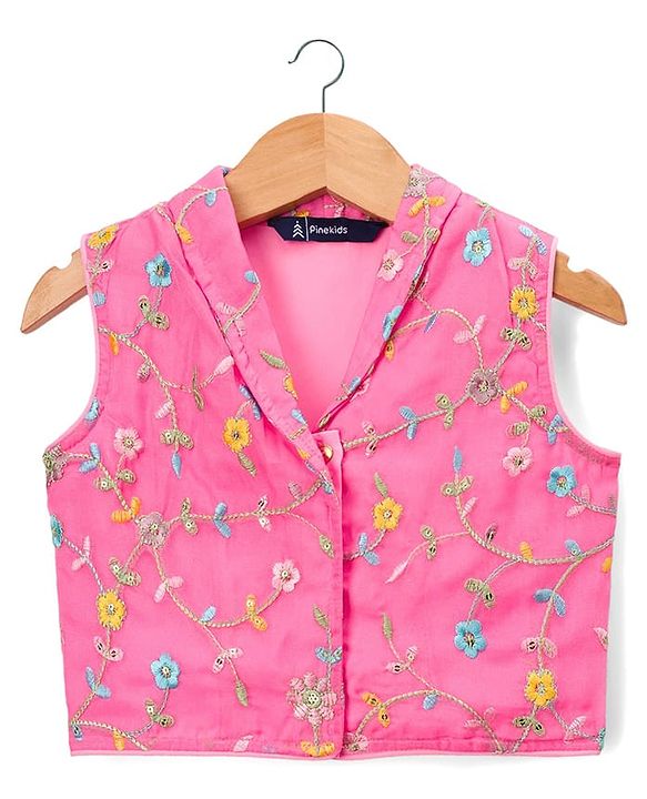 Pine Kids Woven Sleeveless Floral Sequinned & Embroidered  Choli & Lehenga Set With Dupatta - Pink