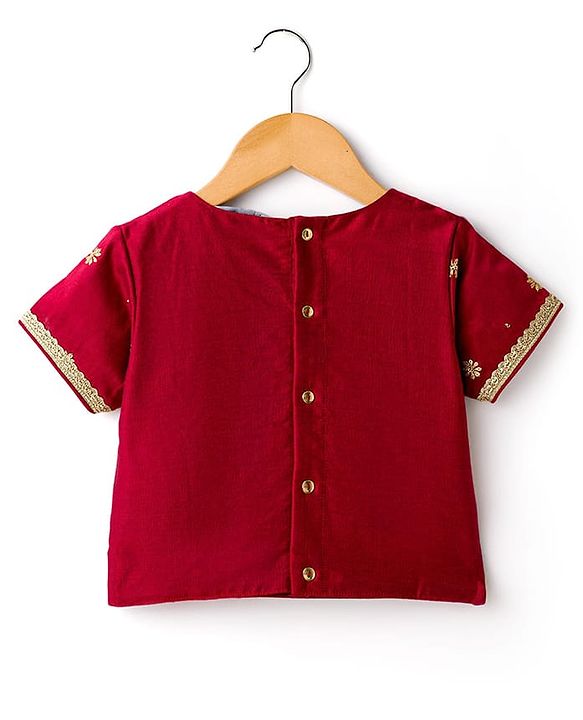 Pine Kids Woven Half Sleeves Floral Embroidered & Printed Lehenga Choli Set With Dupatta - Dark Red