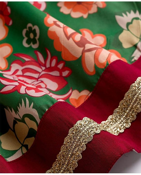 Pine Kids Woven Half Sleeves Floral Embroidered & Printed Lehenga Choli Set With Dupatta - Dark Red