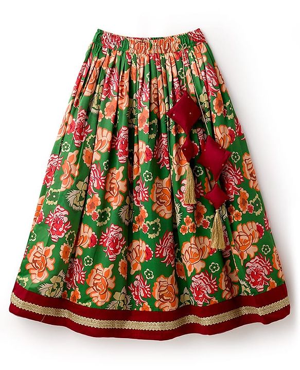 Pine Kids Woven Half Sleeves Floral Embroidered & Printed Lehenga Choli Set With Dupatta - Dark Red