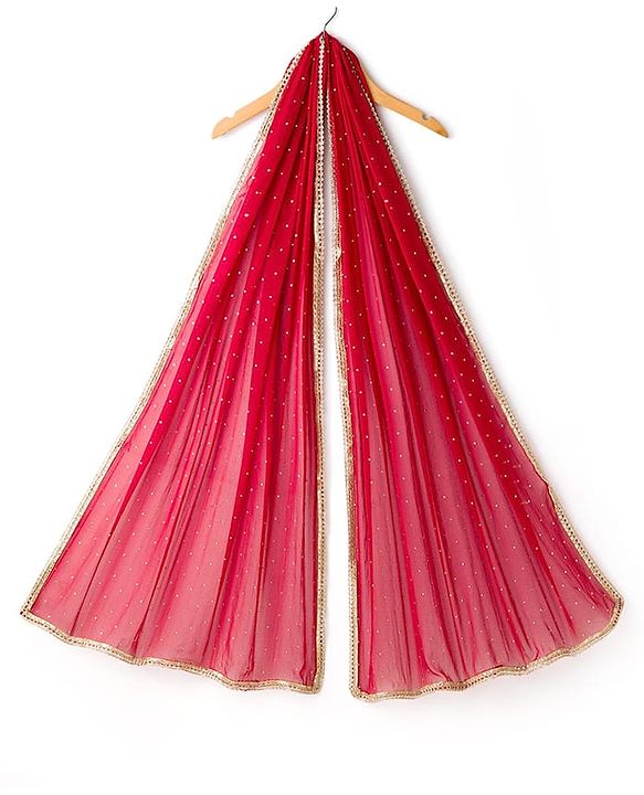 Pine Kids Woven Half Sleeves Floral Embroidered & Printed Lehenga Choli Set With Dupatta - Dark Red