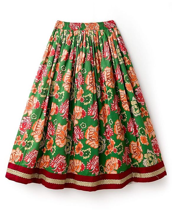 Pine Kids Woven Half Sleeves Floral Embroidered & Printed Lehenga Choli Set With Dupatta - Dark Red