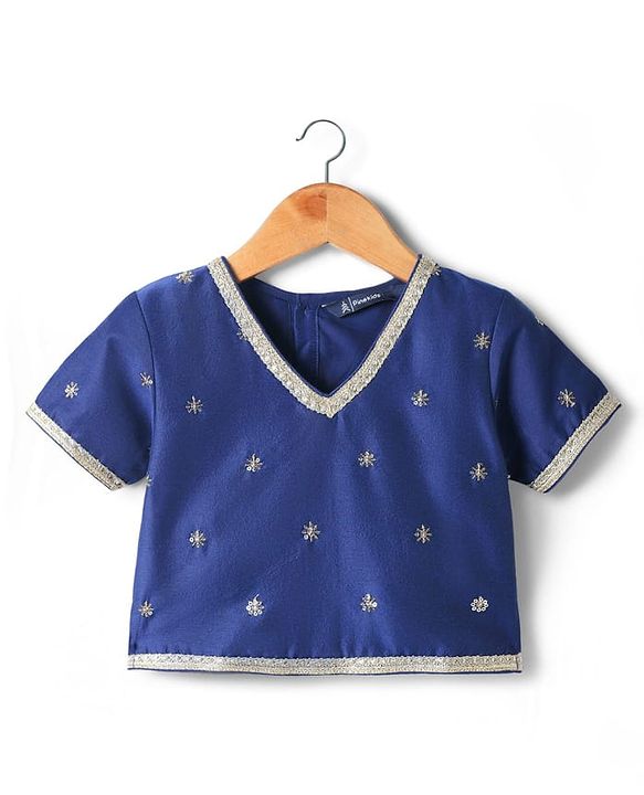 Pine Kids Woven Half Sleeves Floral Printed & Sequinned Embroidered Choli Lahenga Set with Dupatta - Light Blue