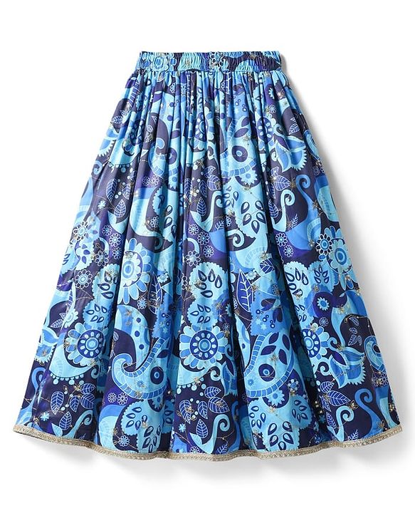 Pine Kids Woven Half Sleeves Floral Printed & Sequinned Embroidered Choli Lahenga Set with Dupatta - Light Blue
