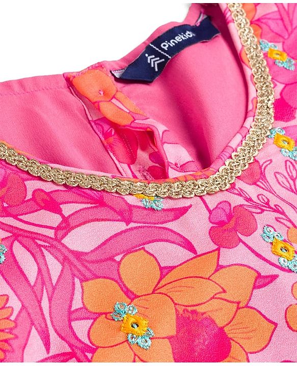 Pine Kids Woven Half Sleeves Floral Printed Choli & Layered Lehenga Set With Dupatta - Pink