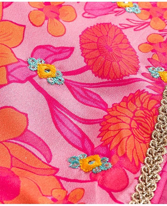 Pine Kids Woven Half Sleeves Floral Printed Choli & Layered Lehenga Set With Dupatta - Pink