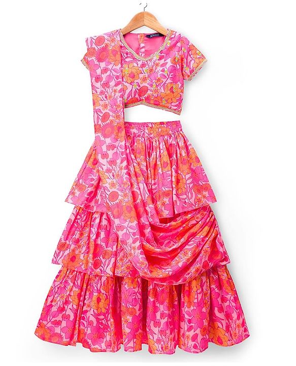 Pine Kids Woven Half Sleeves Floral Printed Choli & Layered Lehenga Set With Dupatta - Pink