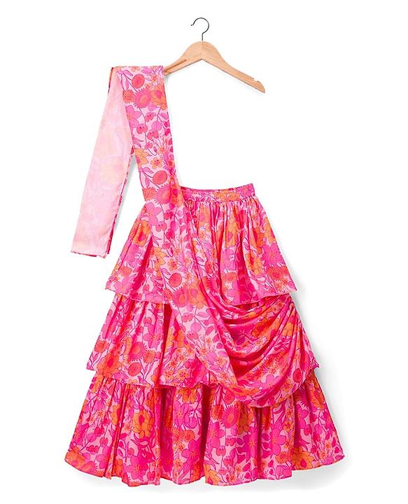 Pine Kids Woven Half Sleeves Floral Printed Choli & Layered Lehenga Set With Dupatta - Pink