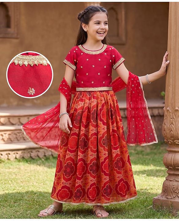 Pine Kids Woven Half Sleeves Floral Embroidered & Printed Lehenga & Choli Set With Dupatta - Rust Orange