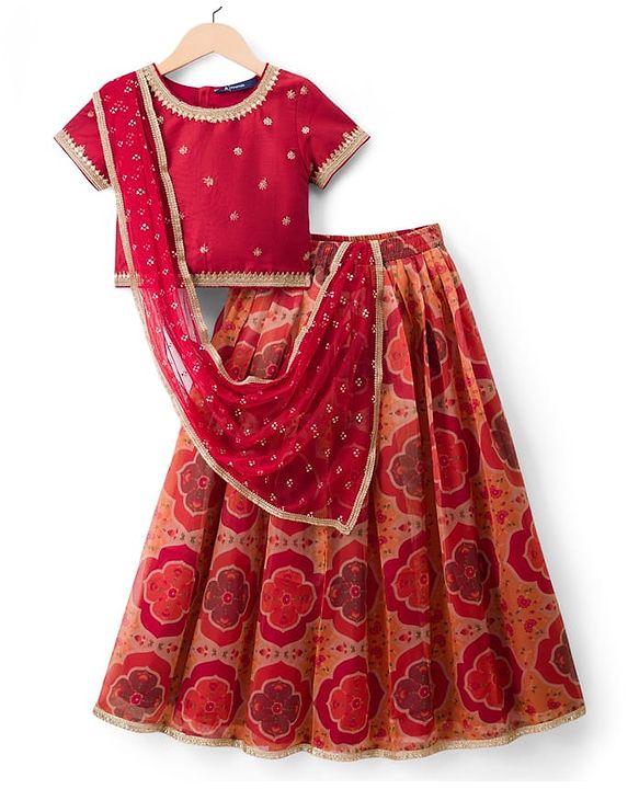 Pine Kids Woven Half Sleeves Floral Embroidered & Printed Lehenga & Choli Set With Dupatta - Rust Orange