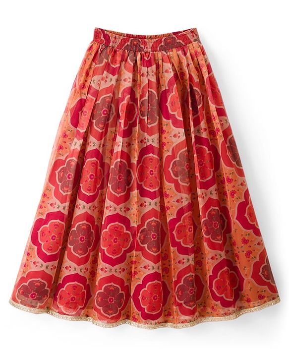 Pine Kids Woven Half Sleeves Floral Embroidered & Printed Lehenga & Choli Set With Dupatta - Rust Orange
