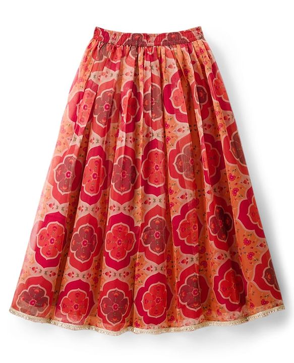 Pine Kids Woven Half Sleeves Floral Embroidered & Printed Lehenga & Choli Set With Dupatta - Rust Orange