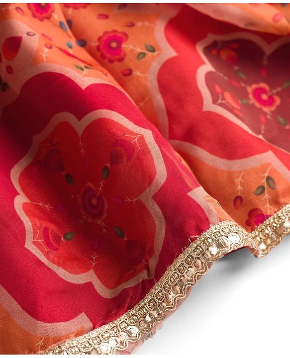 Pine Kids Woven Half Sleeves Floral Embroidered & Printed Lehenga & Choli Set With Dupatta - Rust Orange